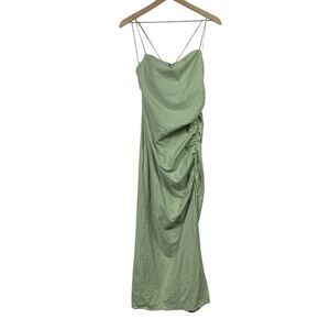 Zara Women Linen Blend L Maxi Dress Ruched Side‎ Slit Bodycon Strappy Sleeveless